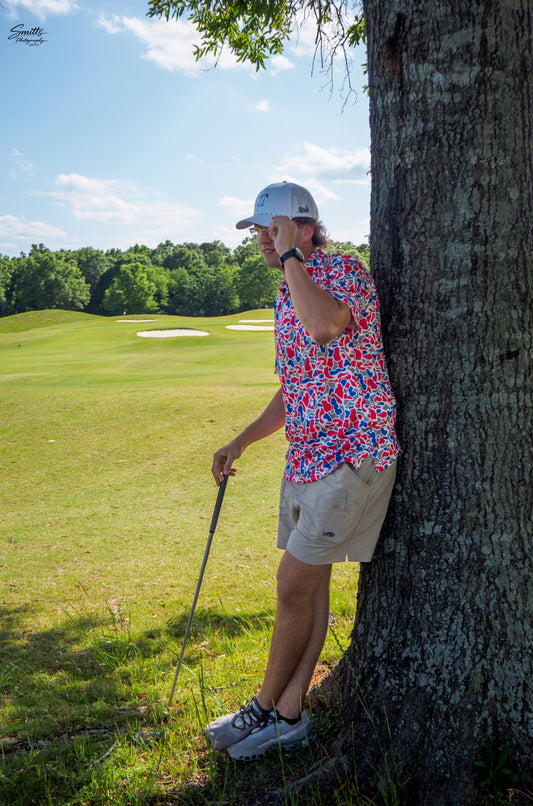 Red, Blue, Gray & White Camo Performance Polo