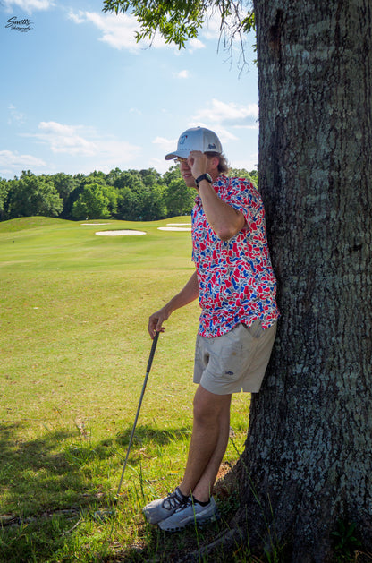 Red, Blue, Gray & White Camo Performance Polo